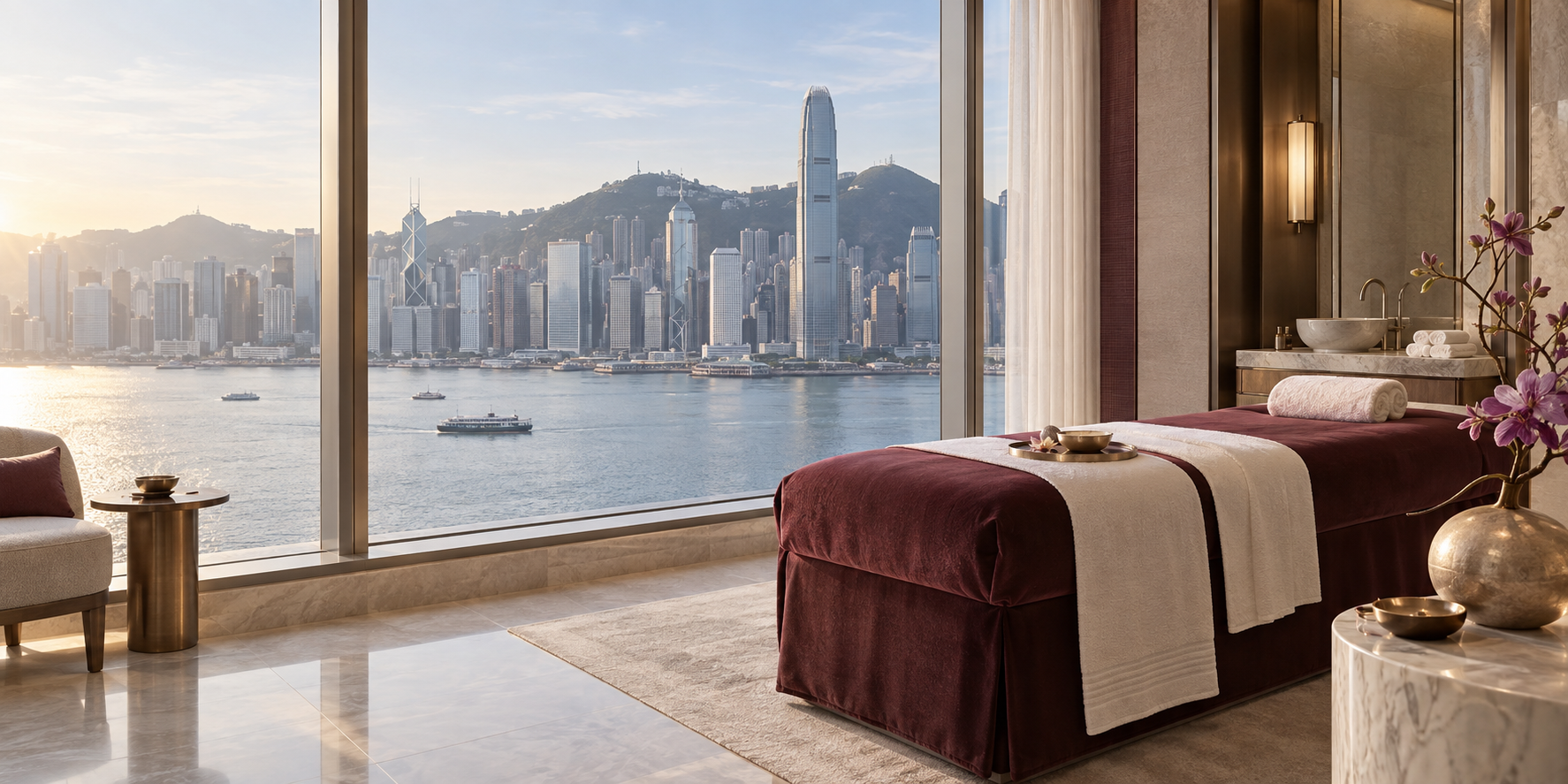 Hong Kong Victoria Harbour and a peaceful spa setting